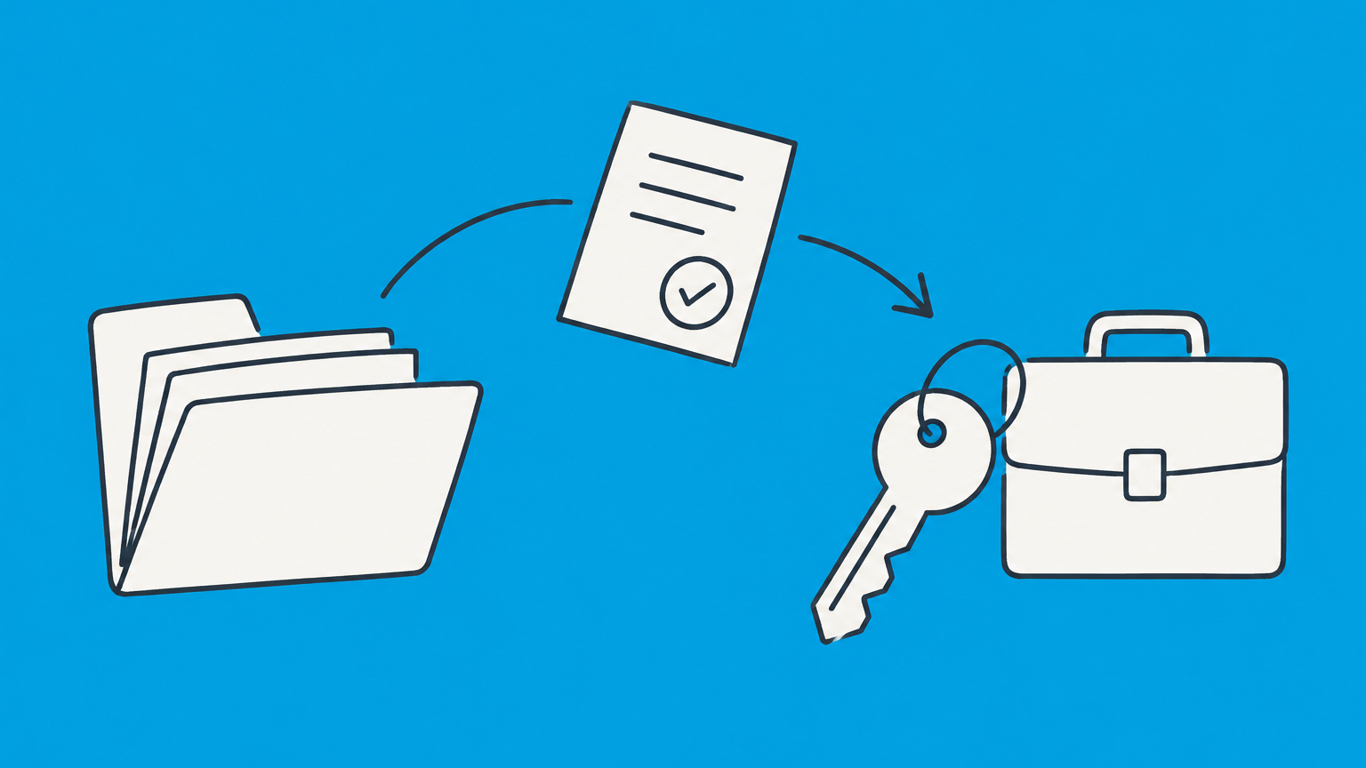 Flat illustration of a checked document moving from an office folder toward a house key and briefcase to represent an employment verification letter.