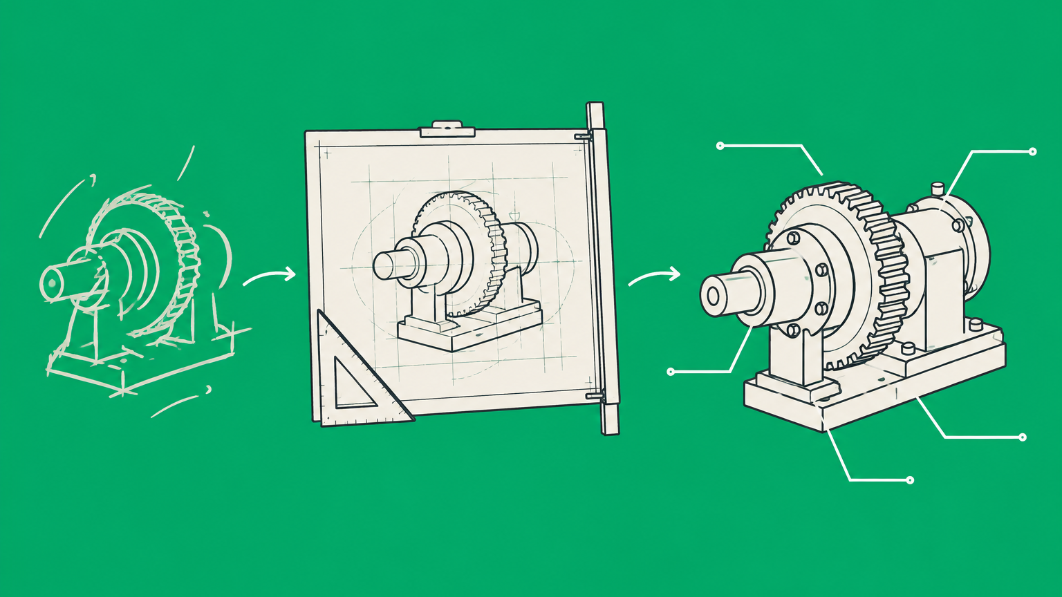 Flat illustration of a rough concept sketch becoming a detailed mechanical design, representing how an idea develops into a potentially patentable invention.