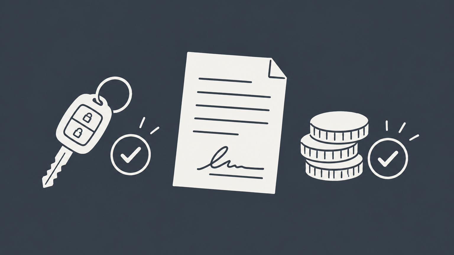 Flat illustration of a signed sheet connecting a car key and payment coins to represent a letter of sale.