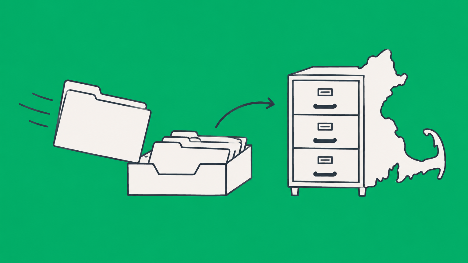 Flat illustration of a document folder entering a Massachusetts registry cabinet for Secretary of State MA LLC filings.