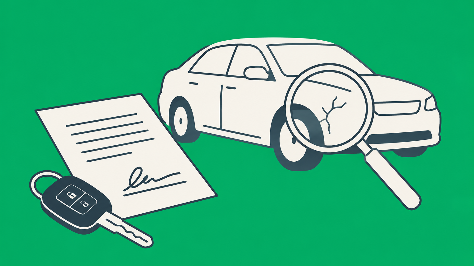 Flat illustration of a car key, sale document, and magnifying glass revealing a vehicle defect to represent an as is car sale agreement.