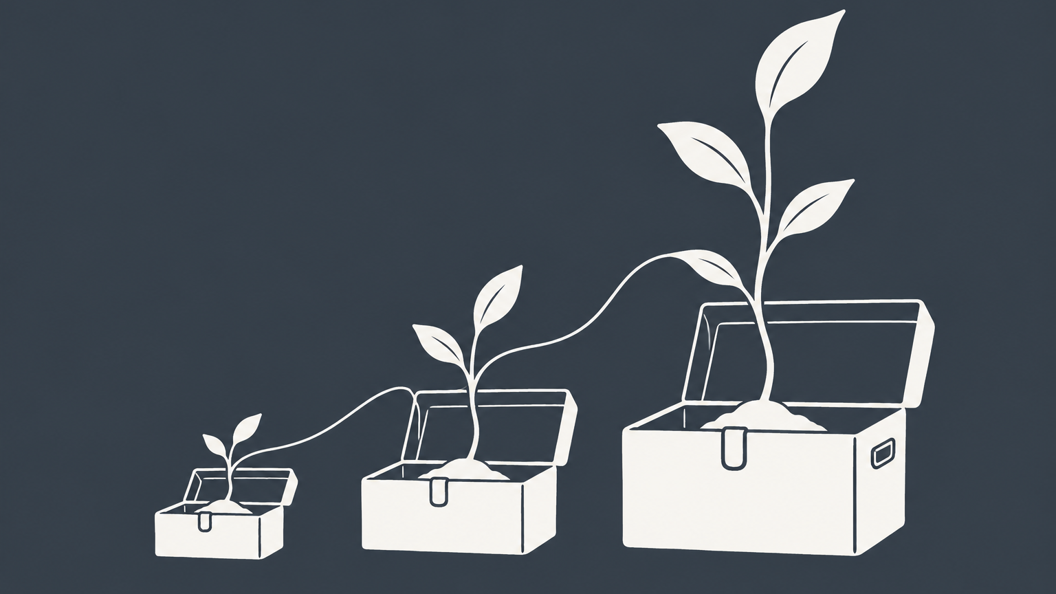 Flat illustration of a plant growing through a series of toolboxes to represent employee development.