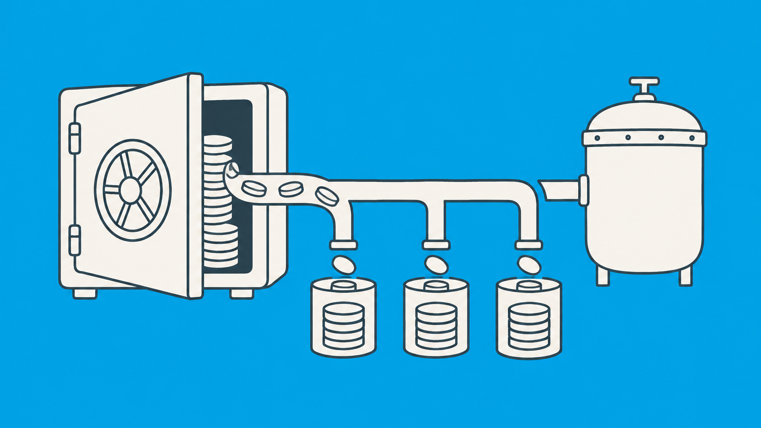Flat illustration of a corporate vault, branching coin channels, and a retained reserve representing a C corp to S corp conversion.