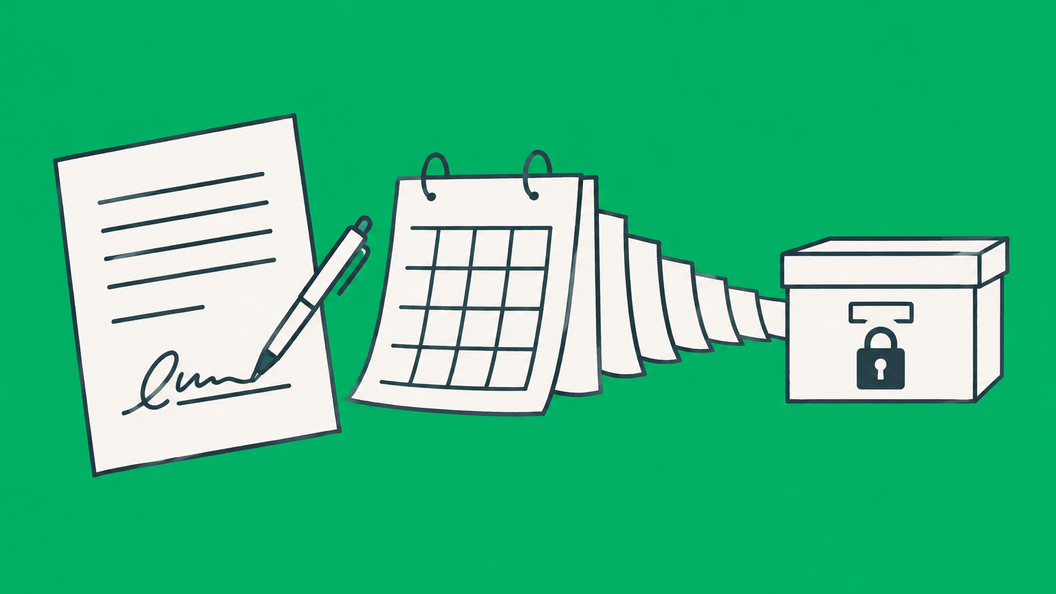 Flat illustration of a signed contract, narrowing calendar pages, and a locked filing box representing the Delaware statute of limitations for breach of contract.