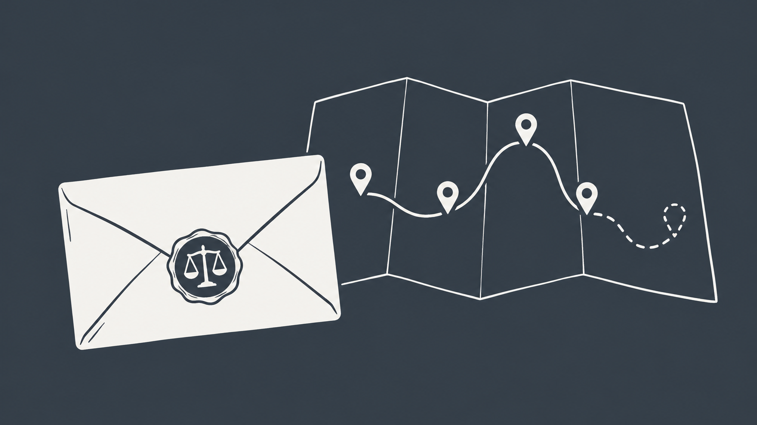 Flat illustration of a court envelope and an incomplete delivery route representing an affidavit of non-service.