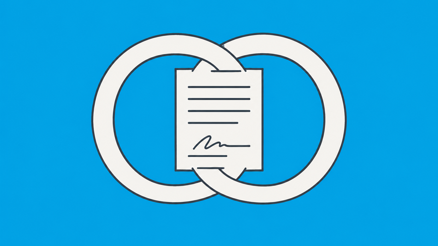 Flat illustration of two interlocking document sheets representing a contractual relationship.
