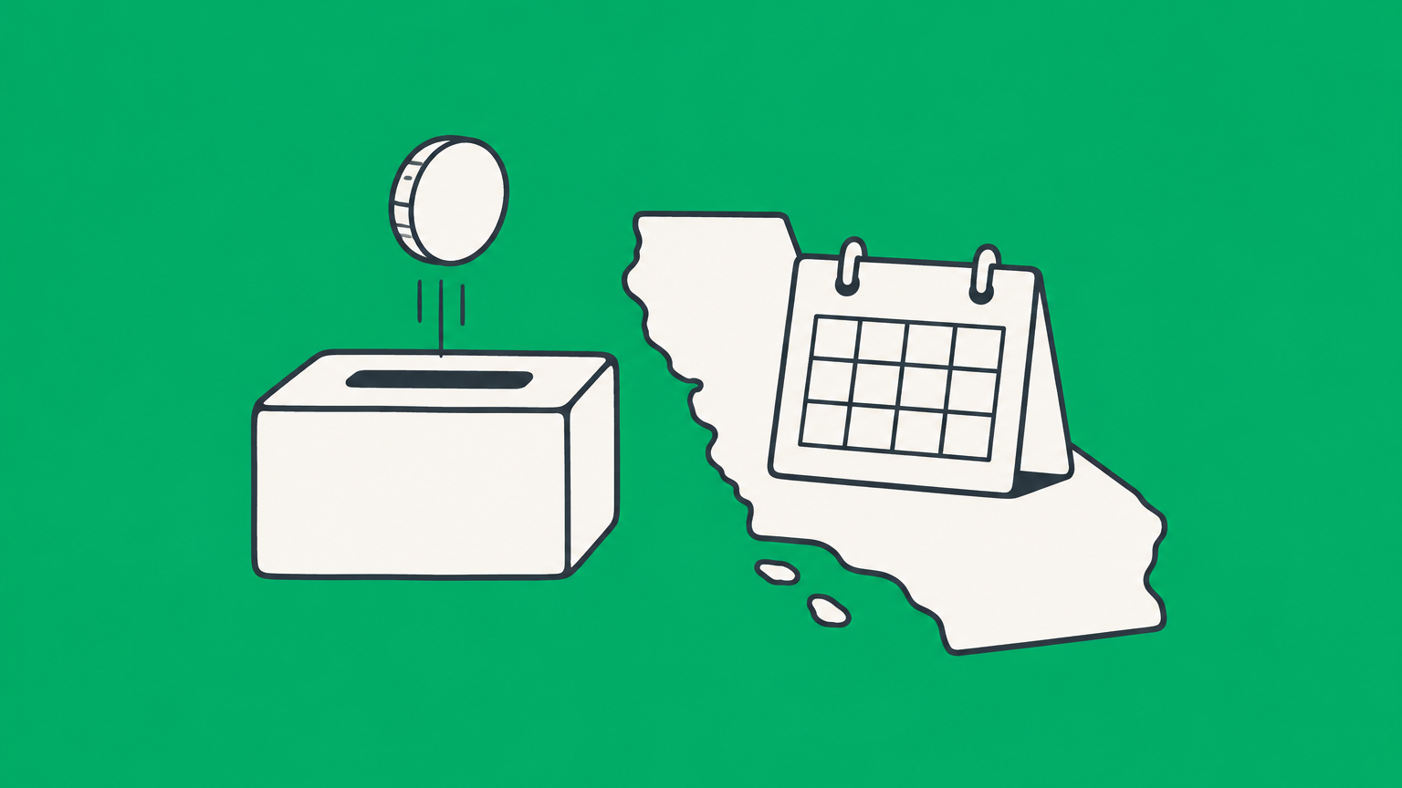 Flat illustration of a coin, payment slot, and calendar on a California-shaped tile representing the California LLC annual tax.