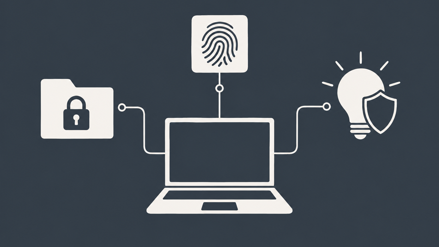 Flat illustration of a laptop connected to protected data, identity, and intellectual property symbols representing cyber law.