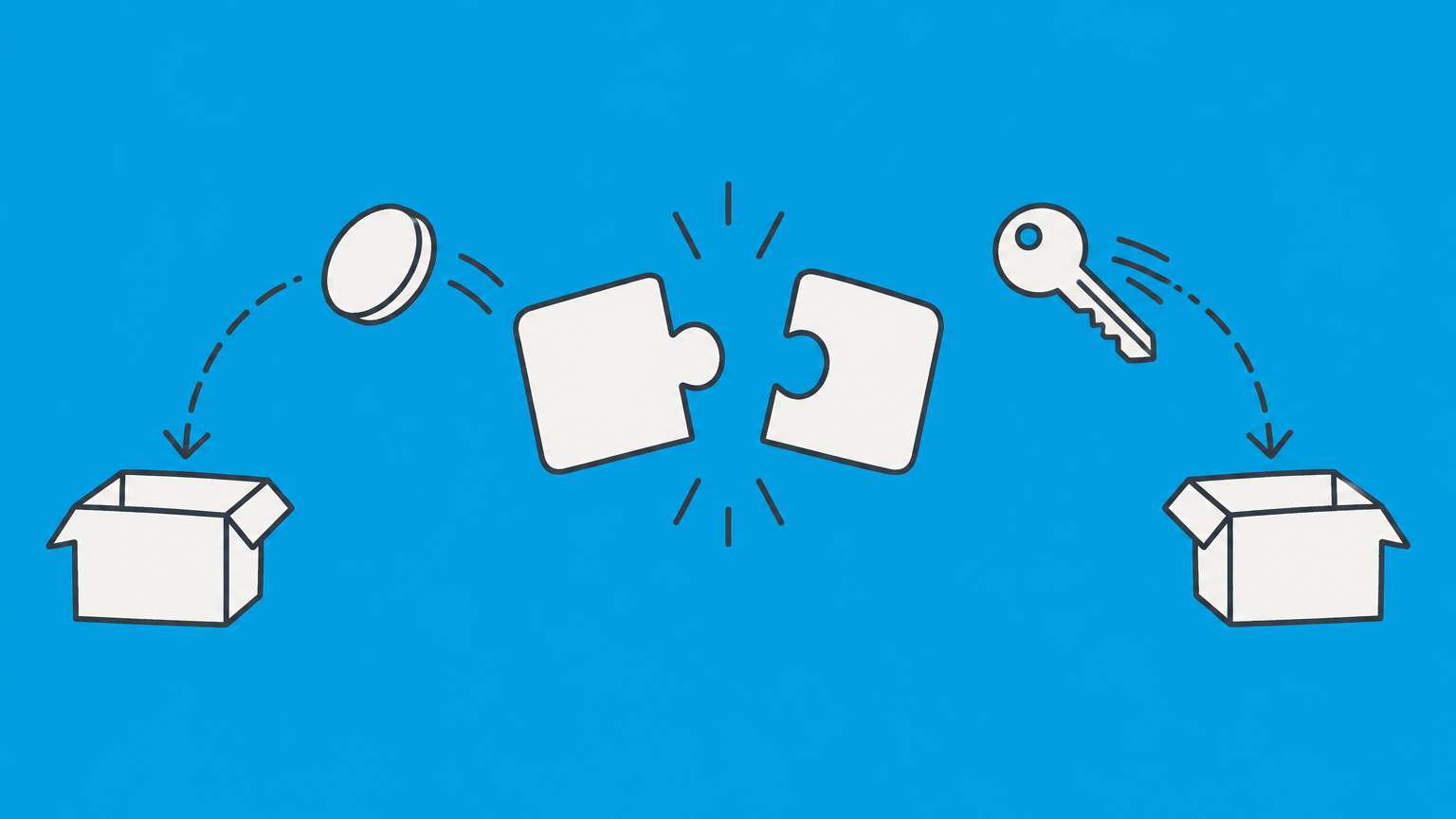 Flat illustration of separating puzzle pieces with a coin and key being returned, representing how to rescind a contract.