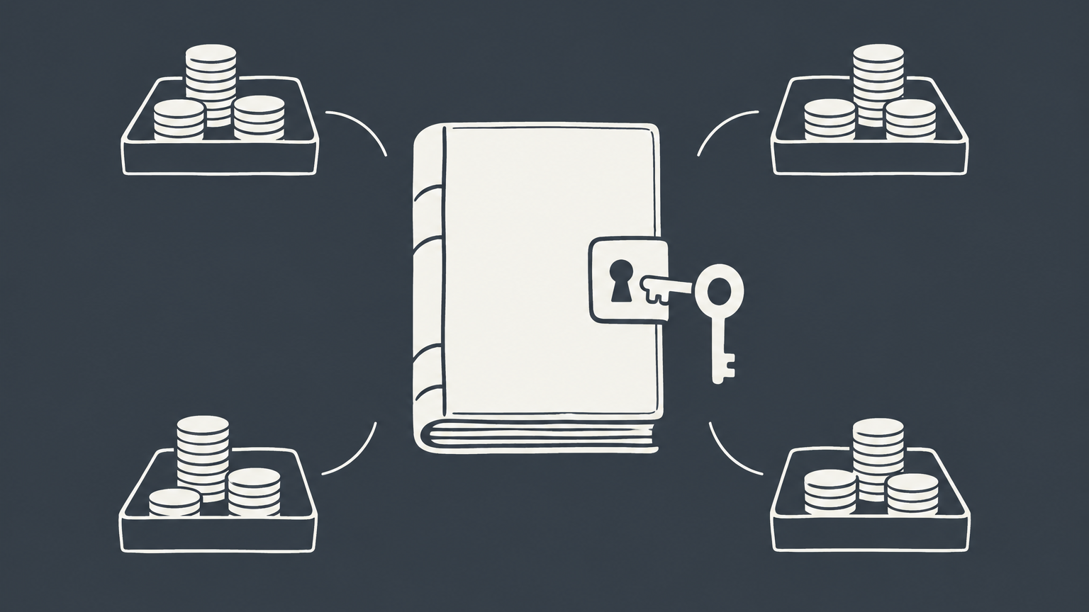 Flat illustration of one keyed business ledger surrounded by four coin trays representing single-member LLC quarterly taxes.