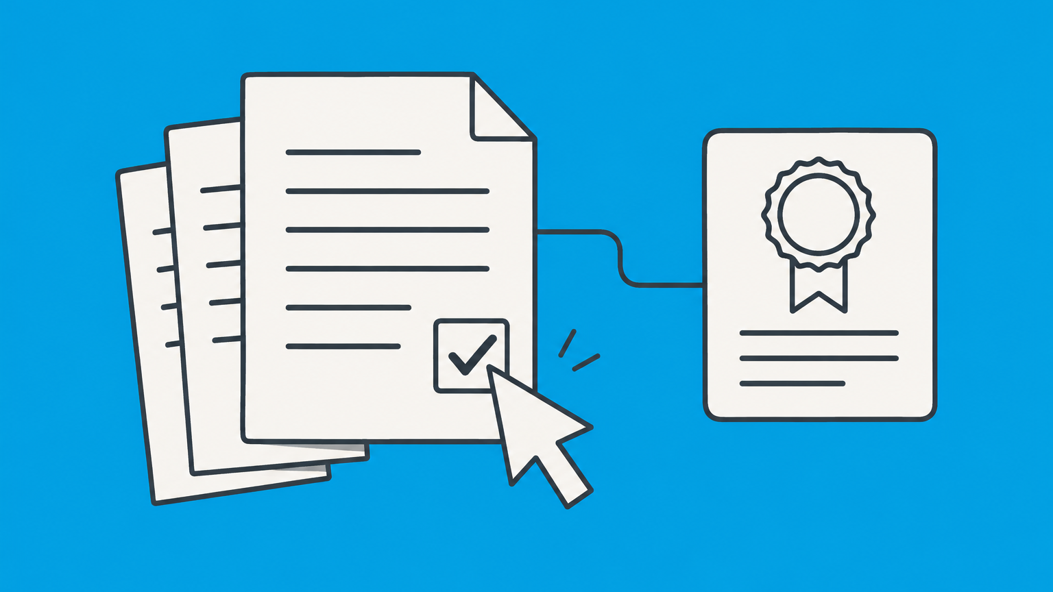 Flat illustration of a cursor selecting a checkbox beside contract pages and a sealed digital record to represent a clickwrap agreement.