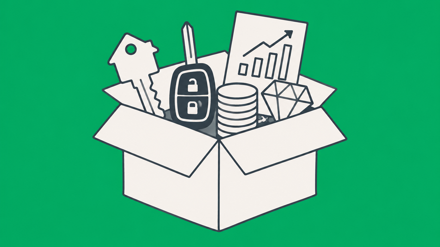 Flat illustration of an inventory box holding symbols for personal assets examples, including cash, property, a vehicle, jewelry, and investments.