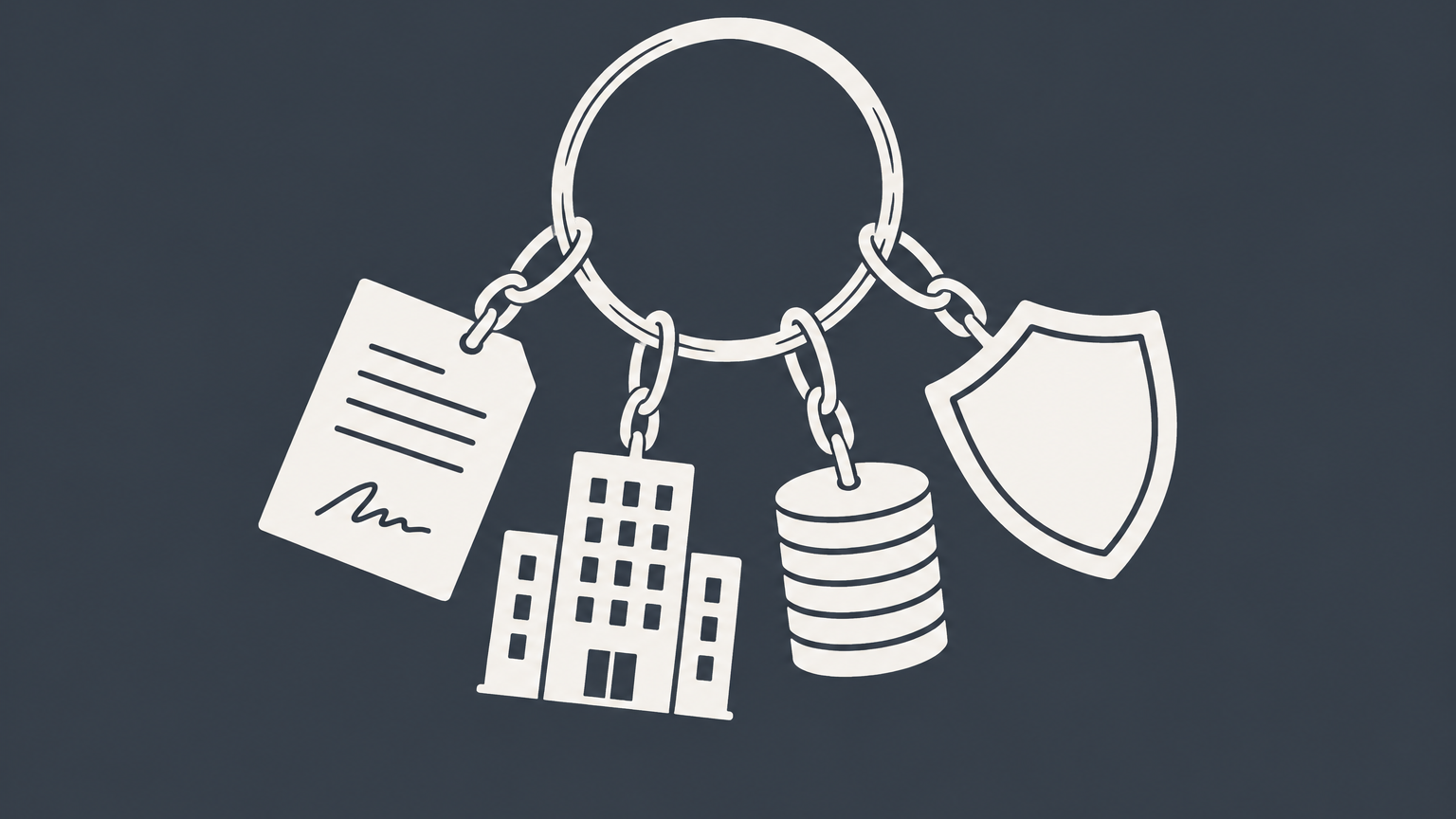 Flat illustration of a central key ring connecting legal, business, financial, and criminal contexts for the principal meaning in law.