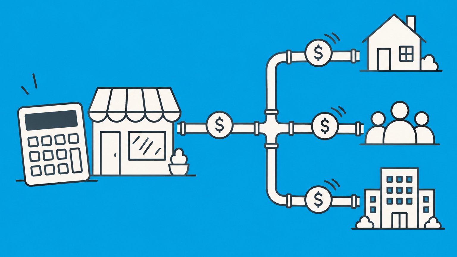 Flat illustration of a calculator and branching tax paths representing an LLC tax calculator for different tax classifications.