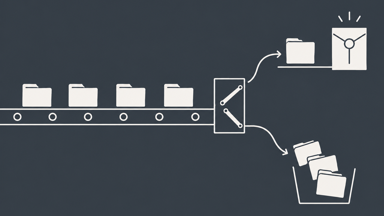 Flat illustration of document folders moving through a selection gate to represent the H-1B lottery process.