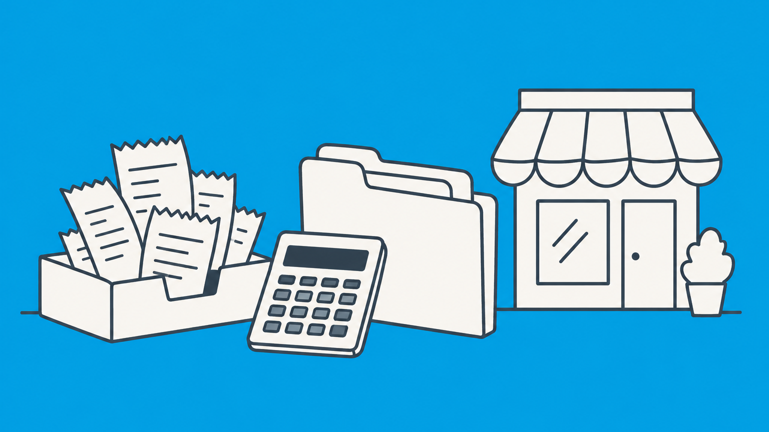 Flat illustration of receipts, a calculator, and a divided business folder representing tax write-offs for LLCs.