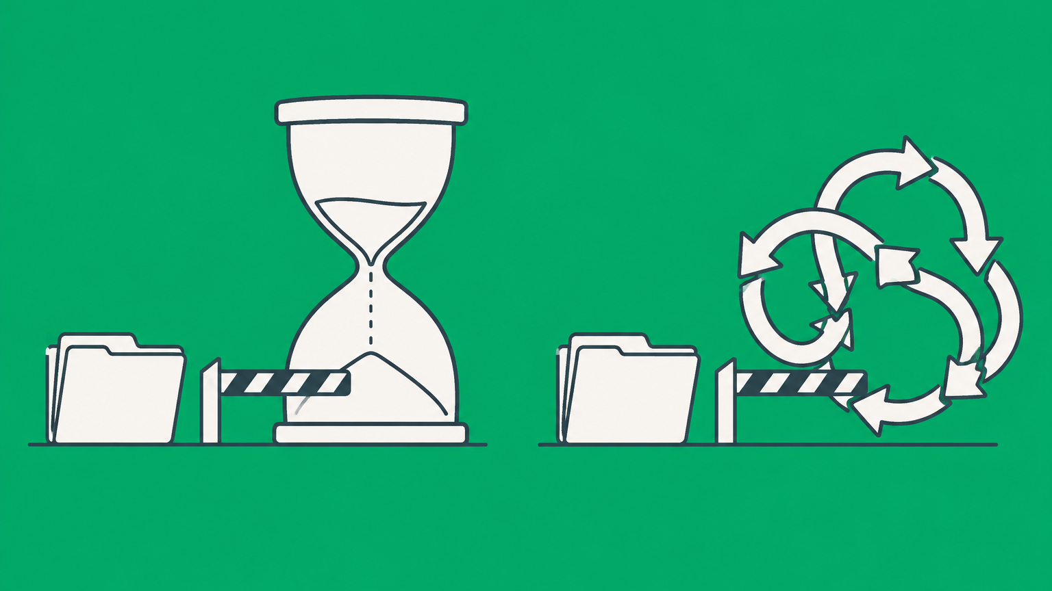 Flat illustration of two claim folders blocked by an hourglass and a returning arrow path to represent laches versus estoppel.