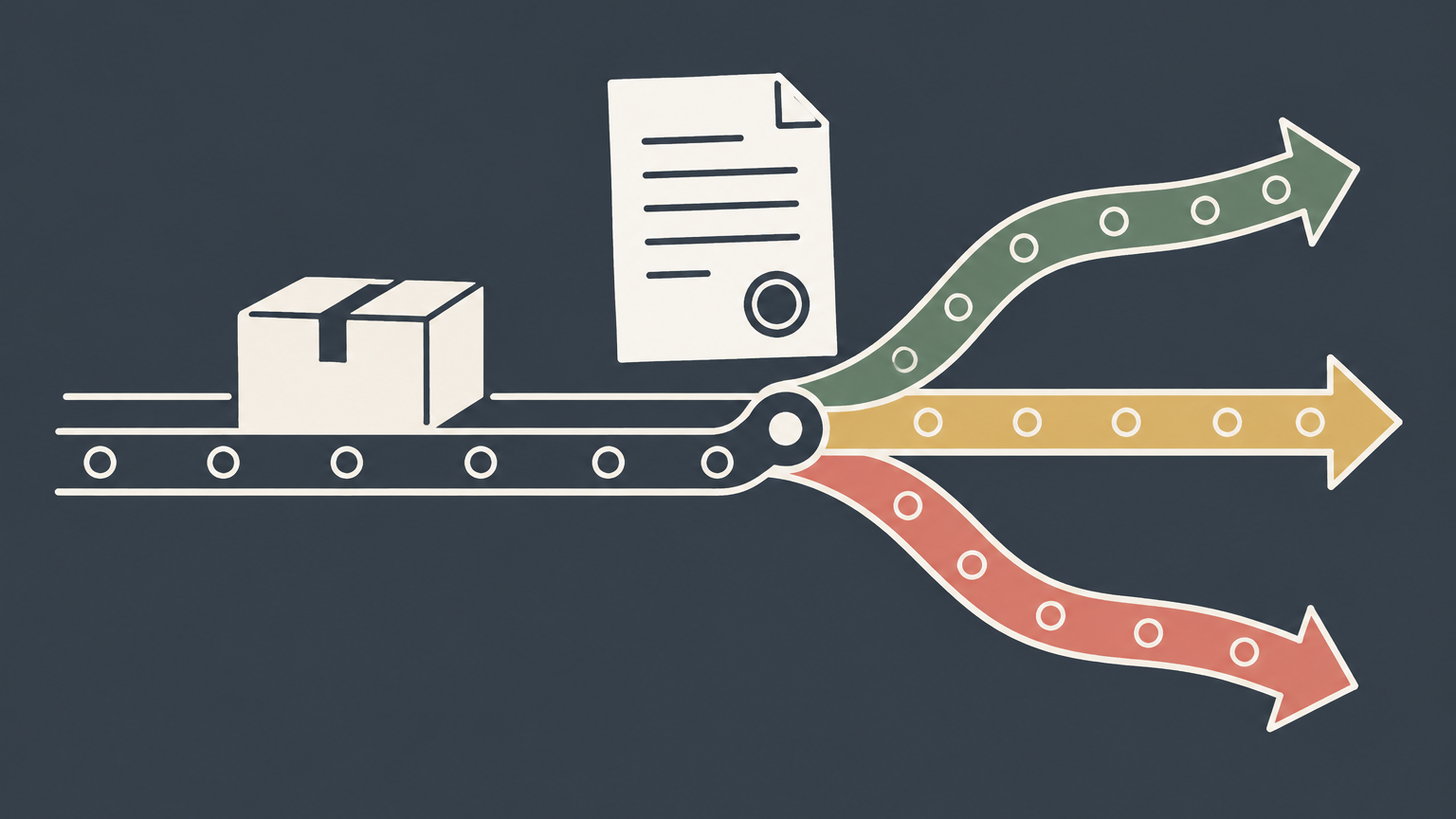 Flat illustration of a parcel and contract at branching legal pathways representing Sale of Goods Act rules across jurisdictions.