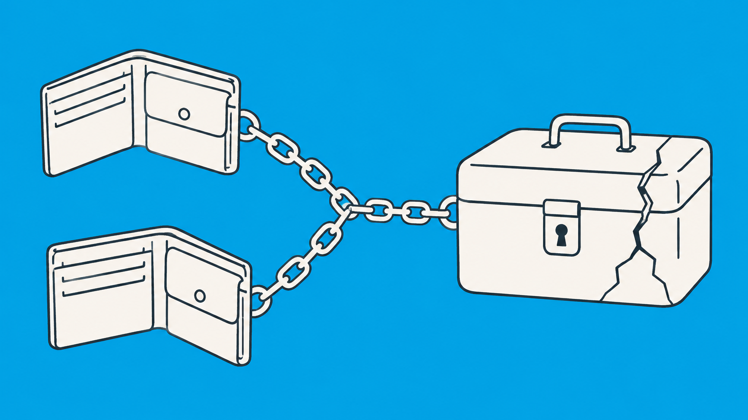Flat illustration of two open personal wallets chained to a cracked business cash box to represent general partnership liability.