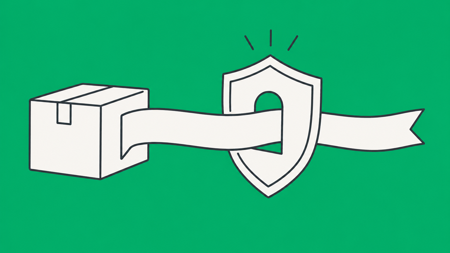 Flat illustration of a ribbon-shaped speech banner on a product box passing through a protective checkpoint to represent trademarking a slogan.