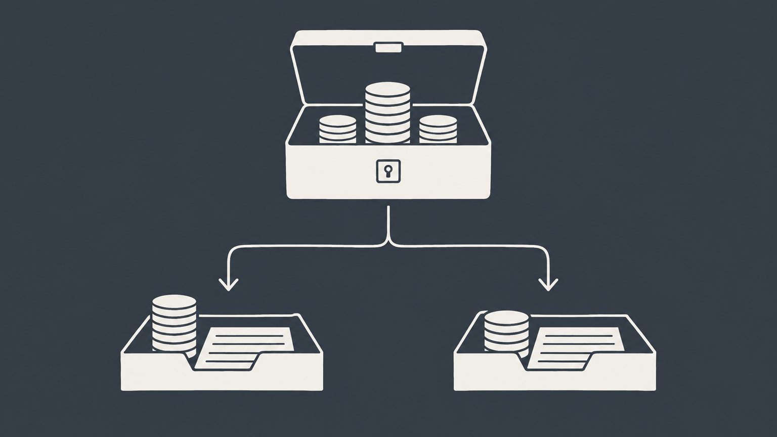 Flat illustration of coins divided between a business cash box and separate ledger trays representing S corp retained earnings, AAA, and shareholder basis.