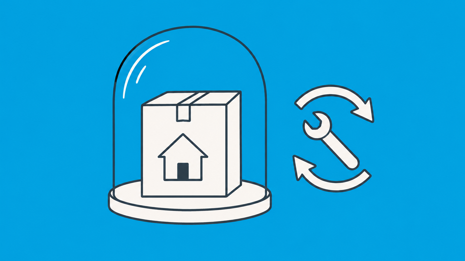 Flat illustration of a boxed product under a protective cover with repair and replacement symbols representing warranty examples.