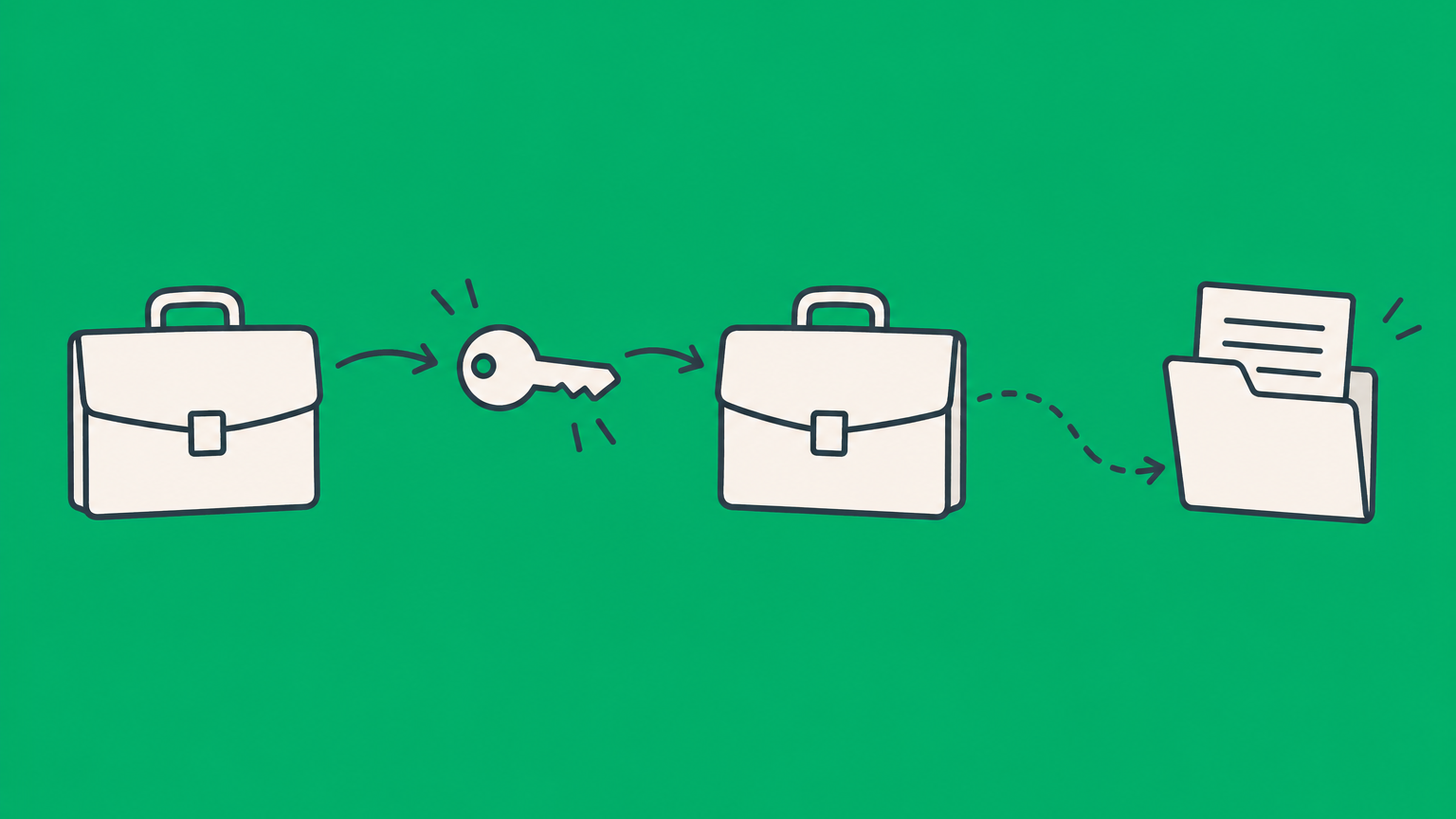 Flat illustration of a key passed between briefcases to represent an authorized agent acting for a principal.