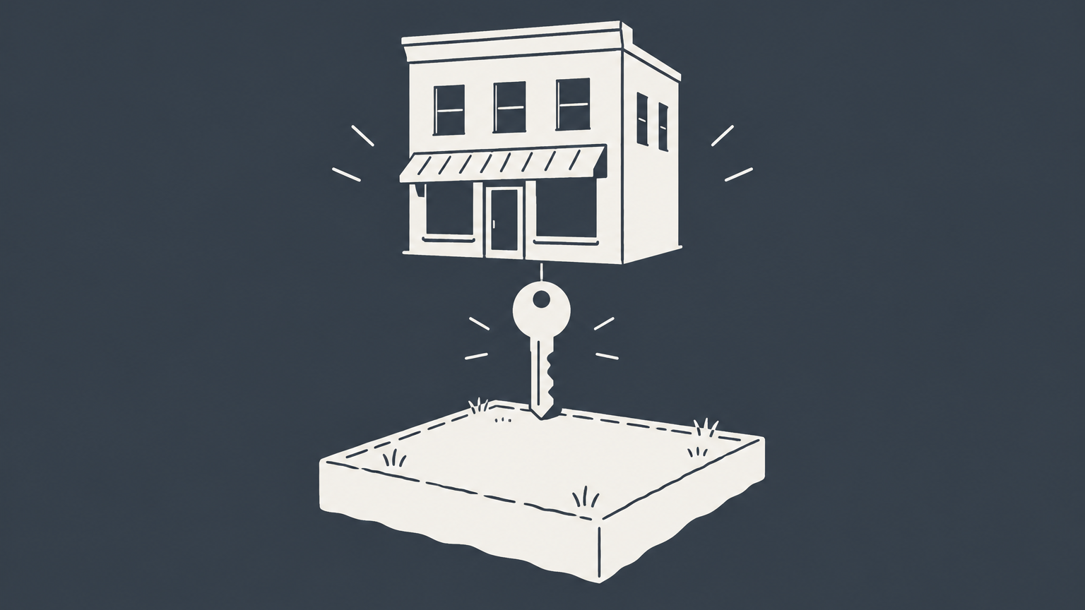 Flat illustration of a commercial building on a detachable parcel with a connecting key, representing a land lease.