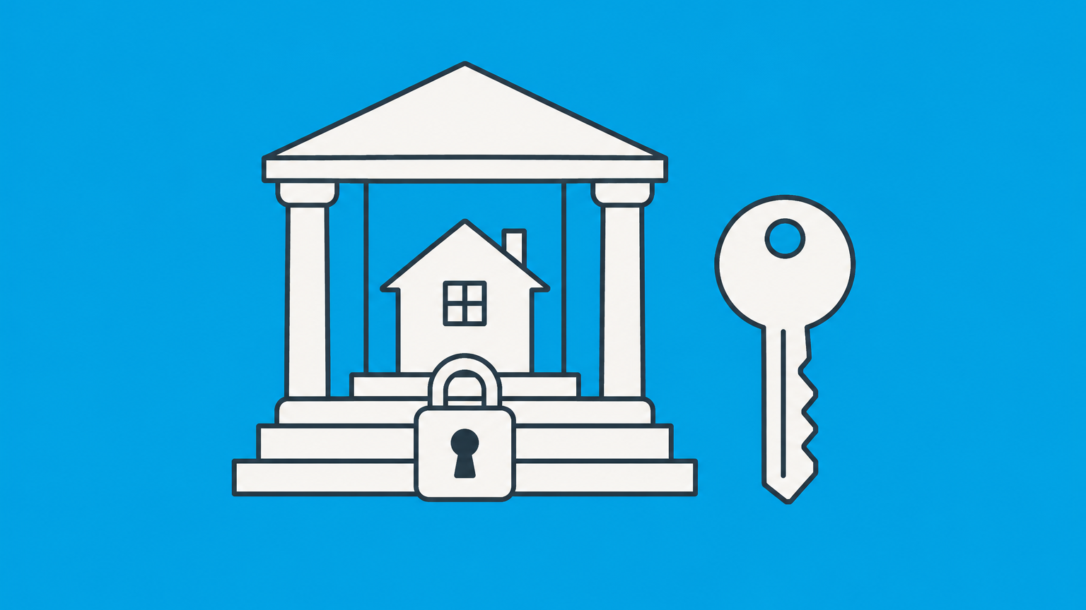 Flat illustration of a house key, home, and separated wallet compartments representing the use of an LLC to buy a house.