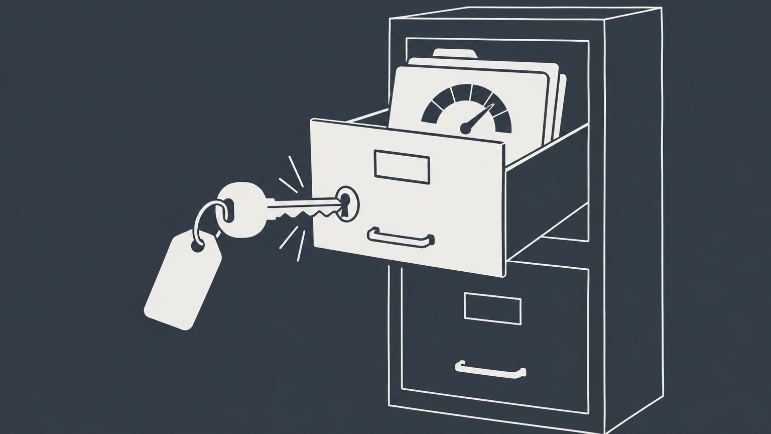 Flat illustration of an EIN key opening a business credit file beside a score gauge, representing how to check an EIN business credit score.
