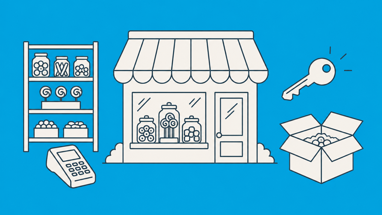Flat illustration of a modular storefront with candy jars, shelving, a payment terminal, a key, and a shipping box representing how to open a candy store.