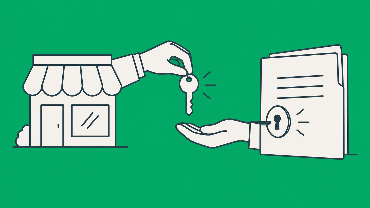Flat illustration of a business passing an authorization key that unlocks a contract folder, representing agent meaning in business.