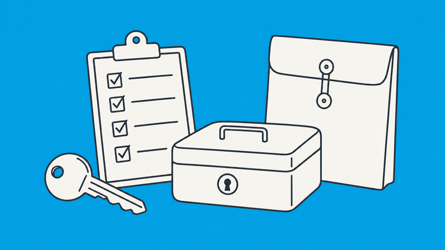 Flat illustration of a storefront key, checked clipboard, closed cash box, and sealed folder representing how to close a business.
