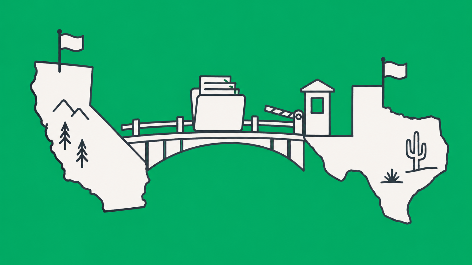 Flat illustration of a corporate records folder crossing a bridge between Delaware and California to represent a Delaware corporation doing business in California.