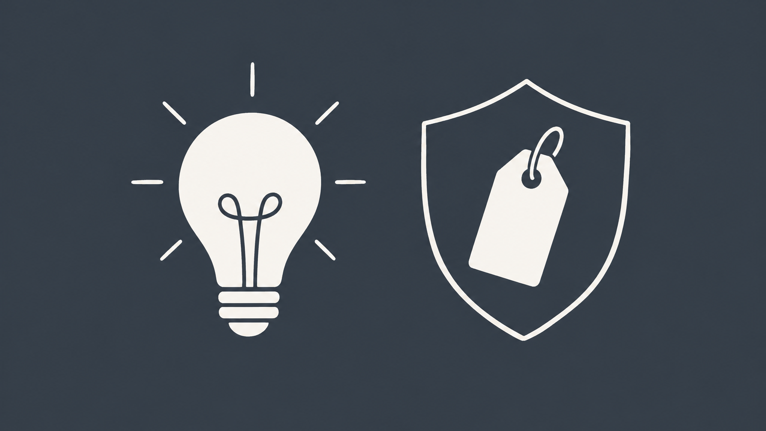 Flat illustration of a lightbulb beside a shielded product tag representing how to trademark an idea by protecting its brand identifier rather than the concept itself.