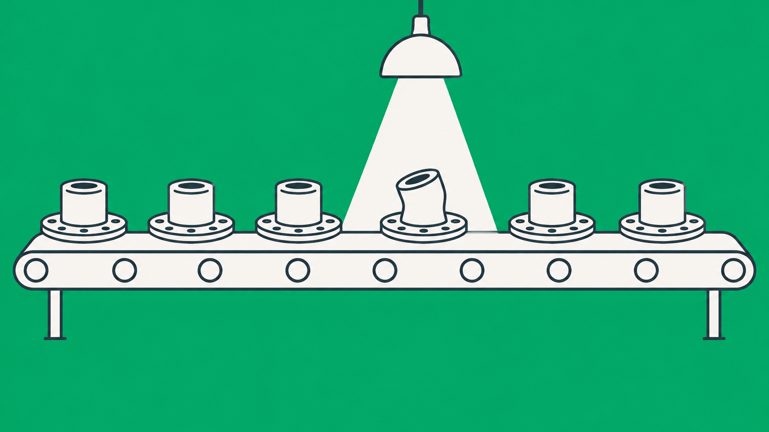 Flat illustration of a conveyor belt with one warped component among identical parts, representing a manufacturing defect.
