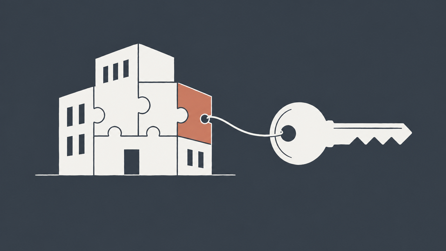 Flat illustration of a key connected to one colored segment of a company-shaped block representing ownership interest.