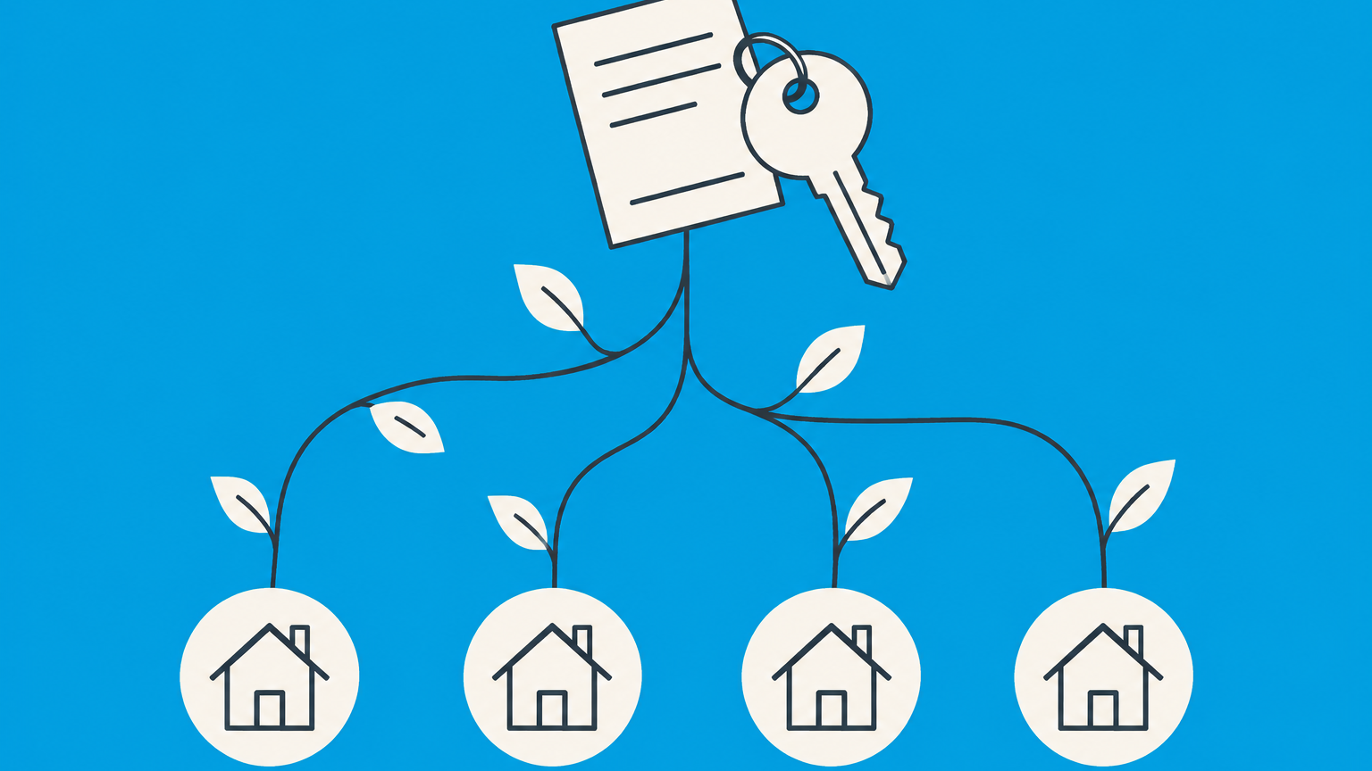 Flat illustration of a house key and deed moving through a branching family tree to represent descent in inheritance law.