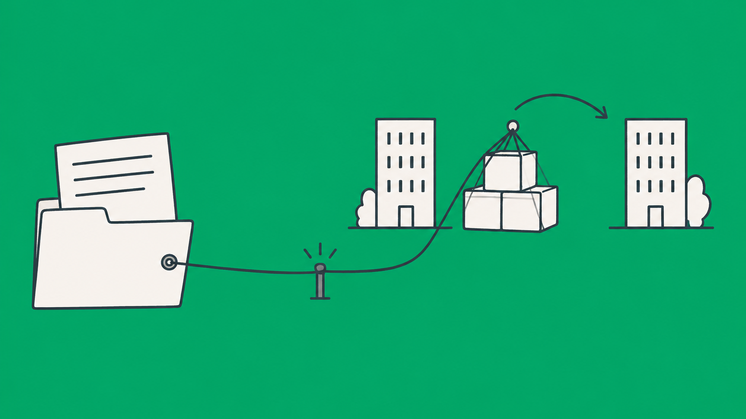Flat illustration of a contract folder linked to shifting ownership blocks, representing a change in control definition and its contractual triggers.