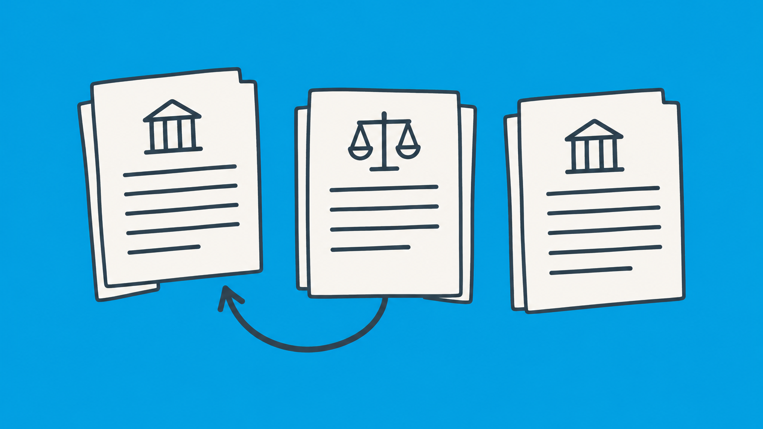 Flat illustration of three court documents connected by a returning arrow to represent replication in law.