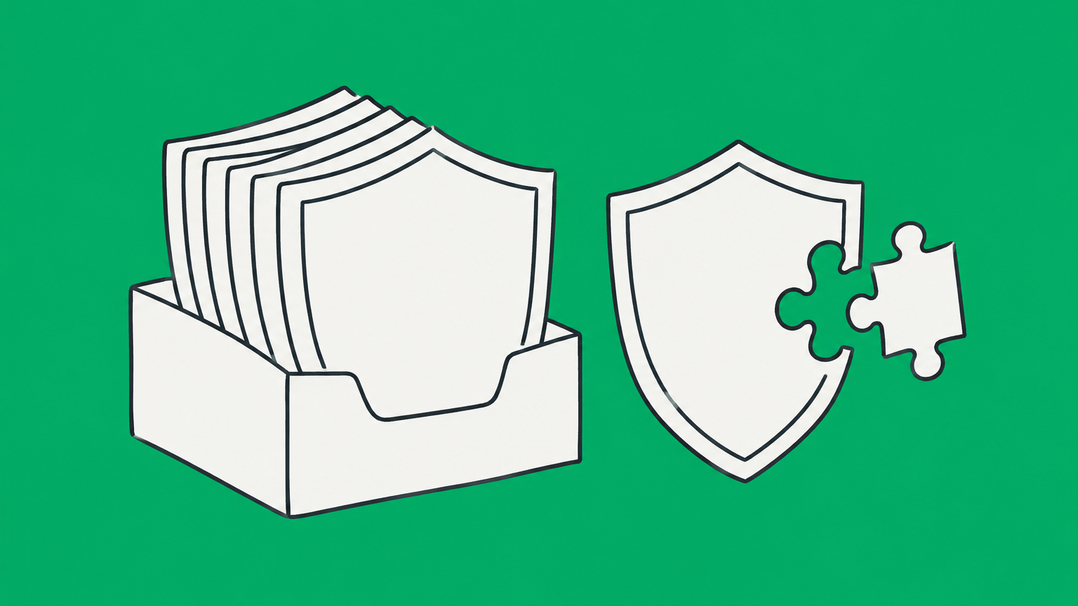 Flat illustration of identical shield-shaped documents and a detachable puzzle piece representing adhesion in insurance and limited policy modifications.
