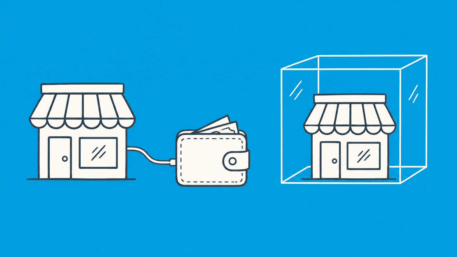Flat illustration of two storefronts connected differently to a wallet, representing the individual vs corporation distinction.