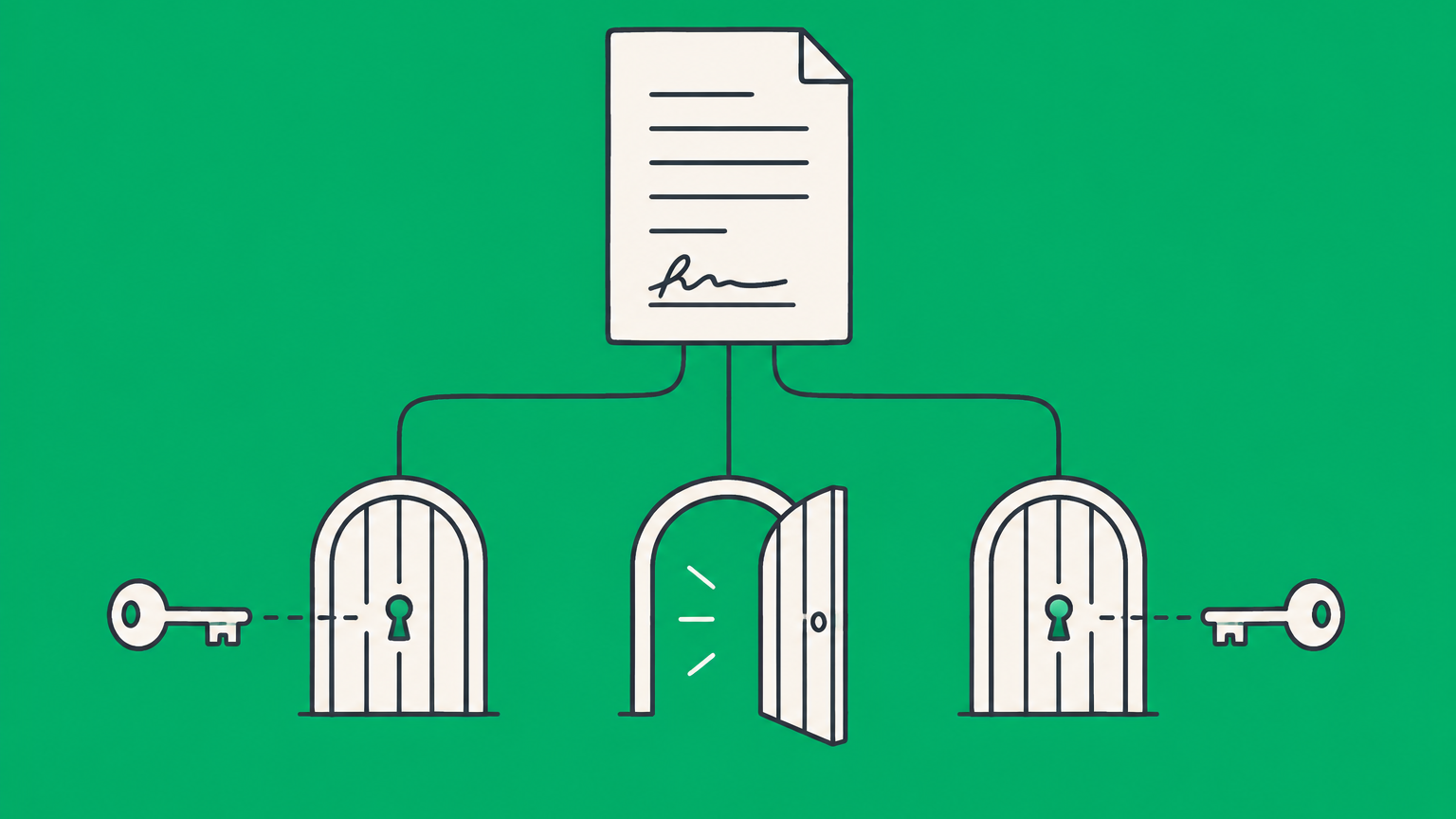Flat illustration of a signed document passing through key-operated gates to represent a conditional contract.
