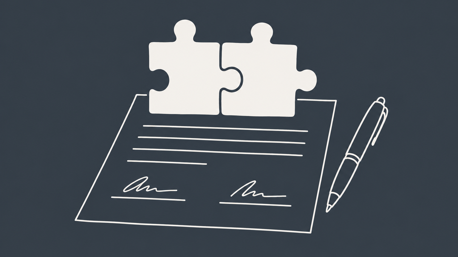 Flat illustration of two interlocking puzzle pieces on a document beside a pen, representing a formal agreement between parties.