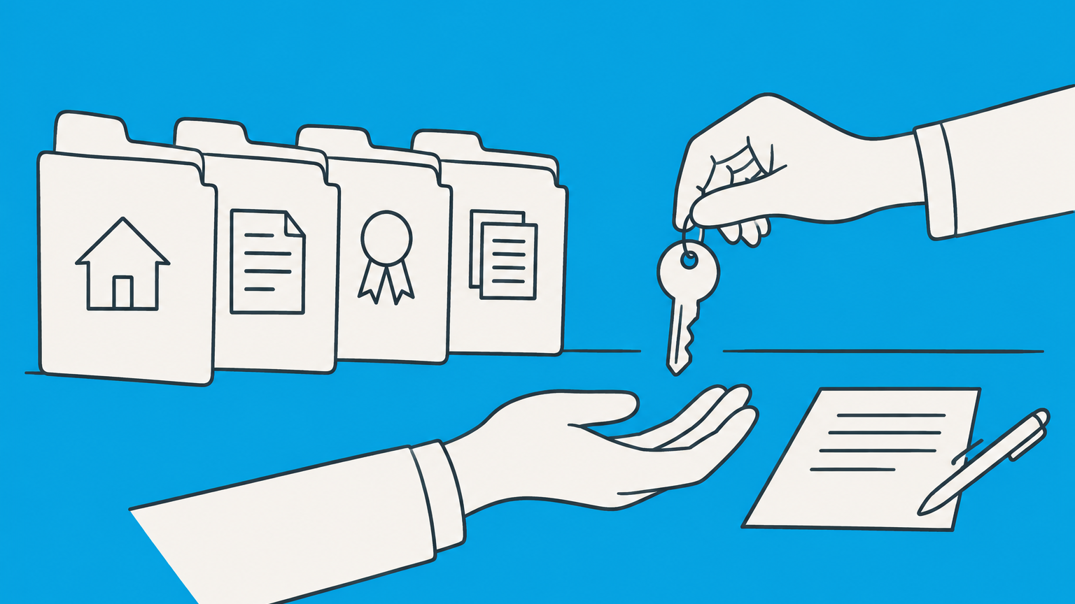 Flat illustration of a storefront key passing between business record folders to represent transferring business ownership in California.