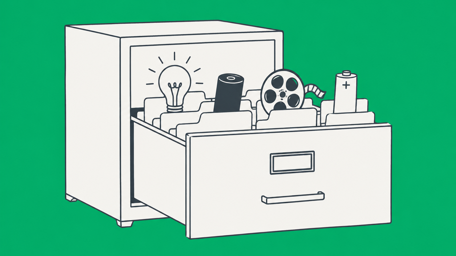 Flat illustration of an archival filing cabinet holding a light bulb, phonograph cylinder, film reel, and battery to represent Thomas Edison's patents.