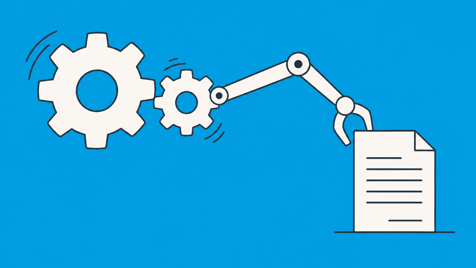 Flat illustration of linked gears moving a mechanical arm toward a document to represent an agency relationship.