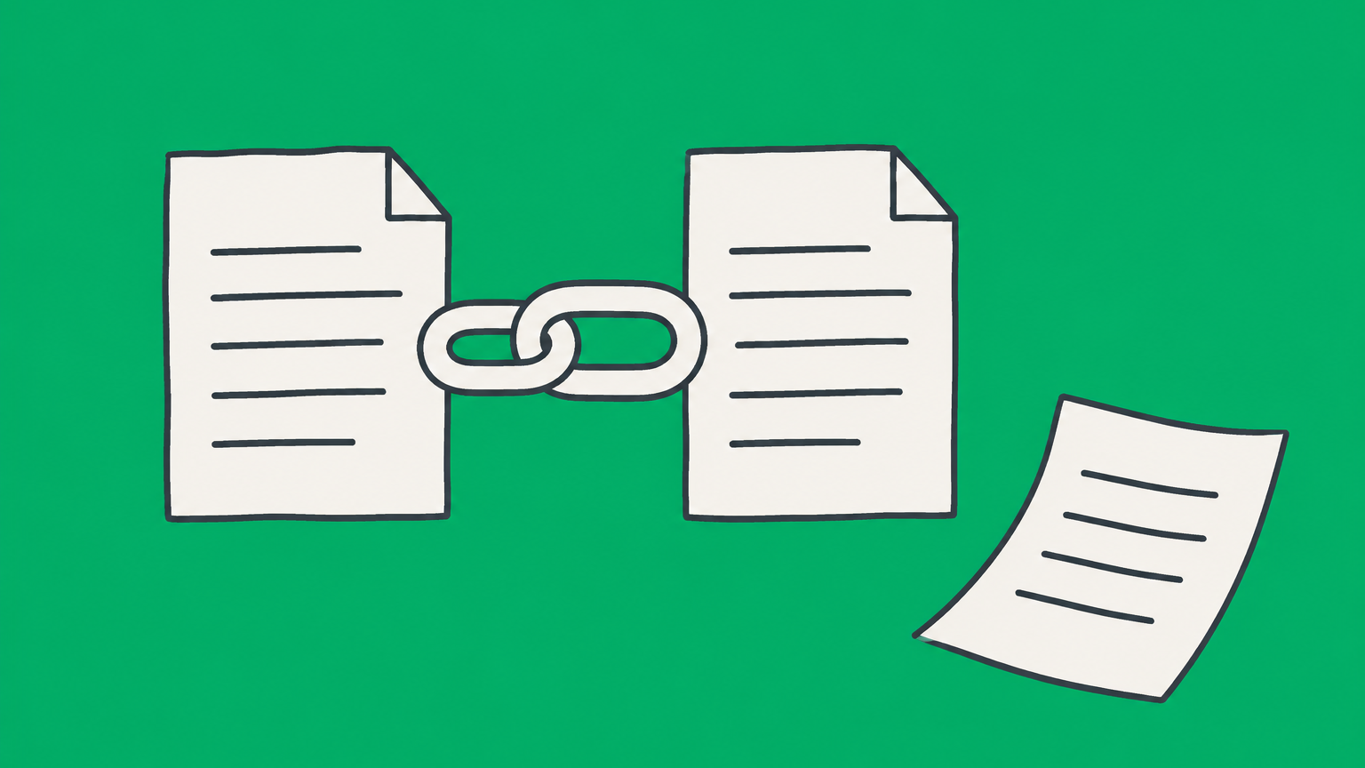 Flat illustration of two documents joined by a closed chain link to represent binding meaning in law.