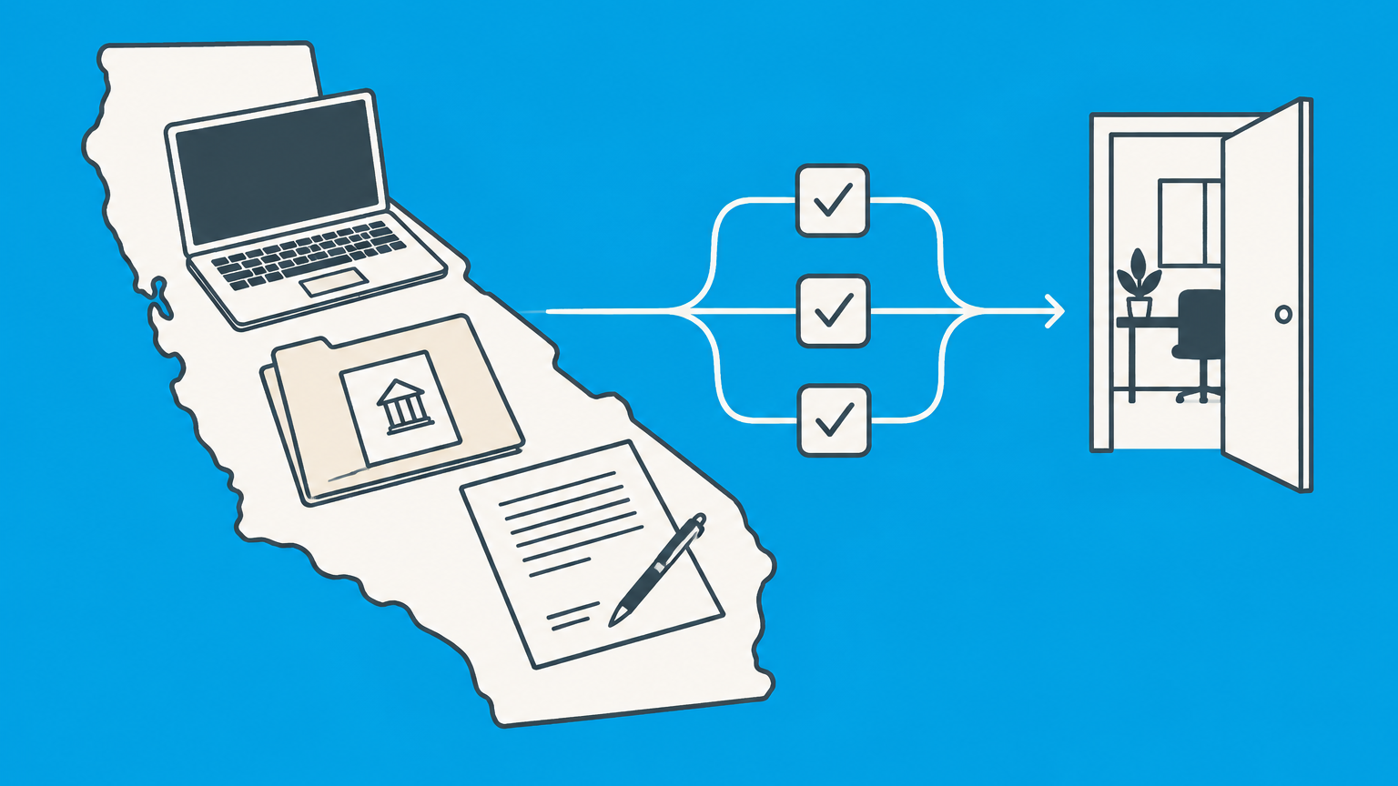 Flat illustration of a California-shaped workspace with a laptop, permit folder, contract, and checklist for starting a consulting business in California.