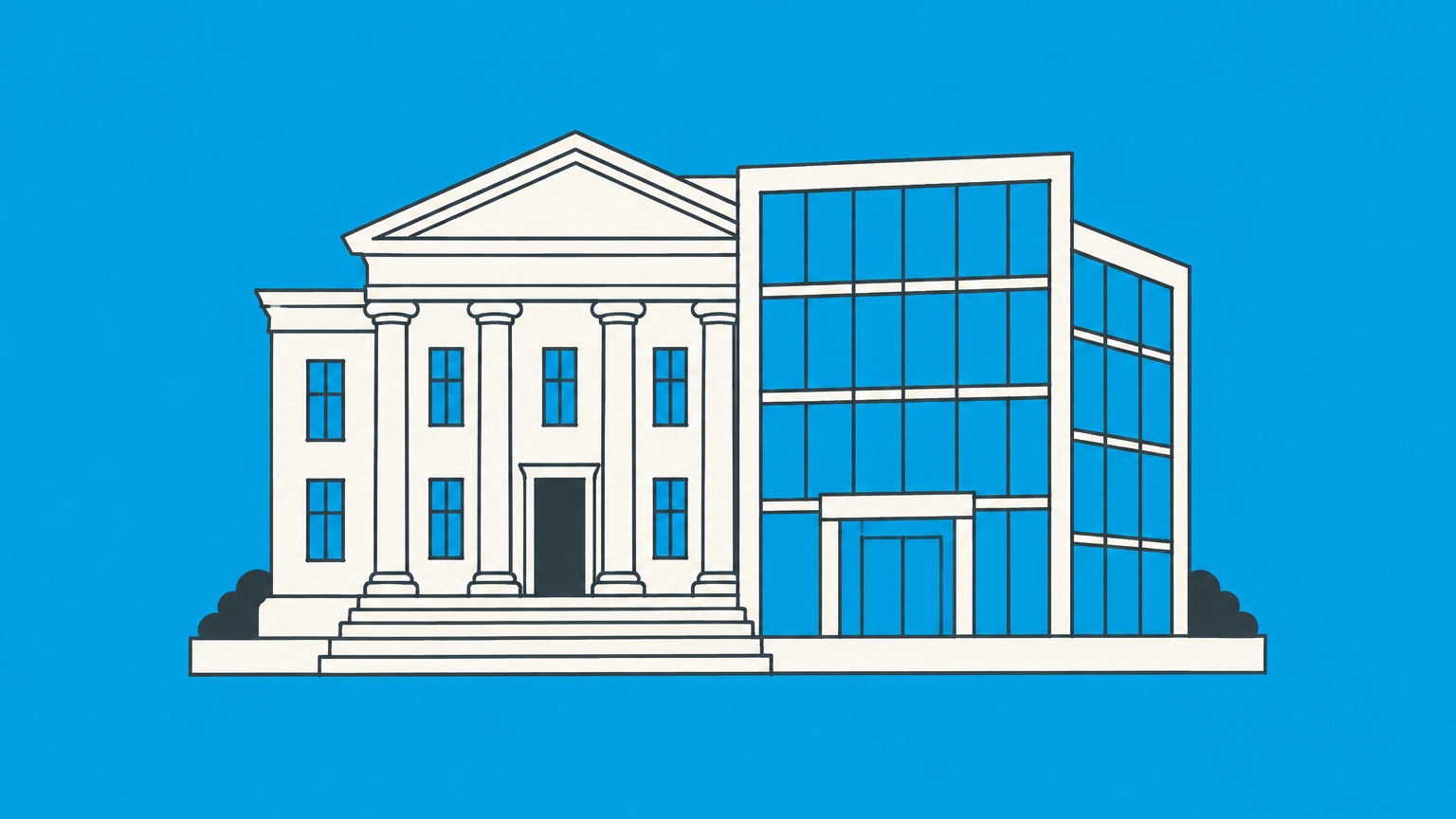 Flat illustration of a civic building and corporate office sharing one foundation to represent a quasi-public corporation.